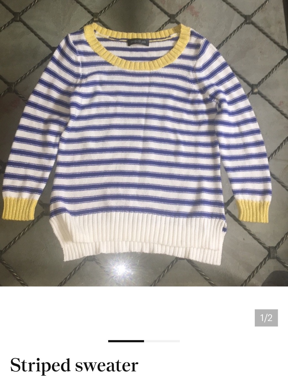 Women’s White & Blue Striped Sweater with Yellow Trim
